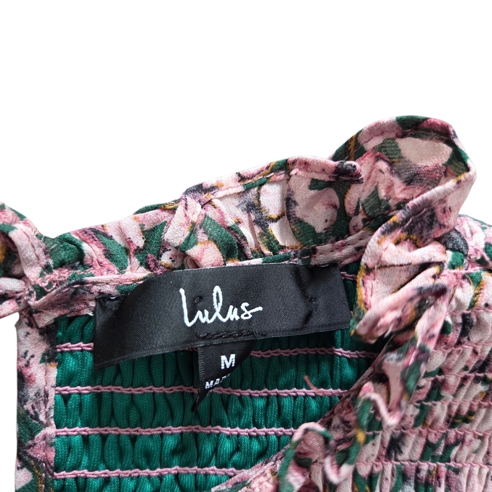 Lulus Floral Forever Green Pink Floral Fairy Cottage Smocked Skater Dress M - Picture 3 of 6